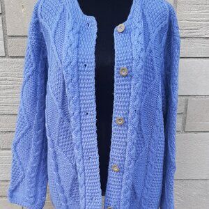 Vintage Connemara Knitwear Ireland 100% Merino Wool Periwinkle Blue Cardigan